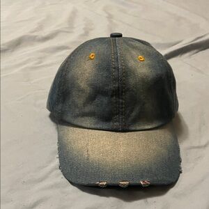 Distressed Denim Cap with Yellow Accents orange lining unisex